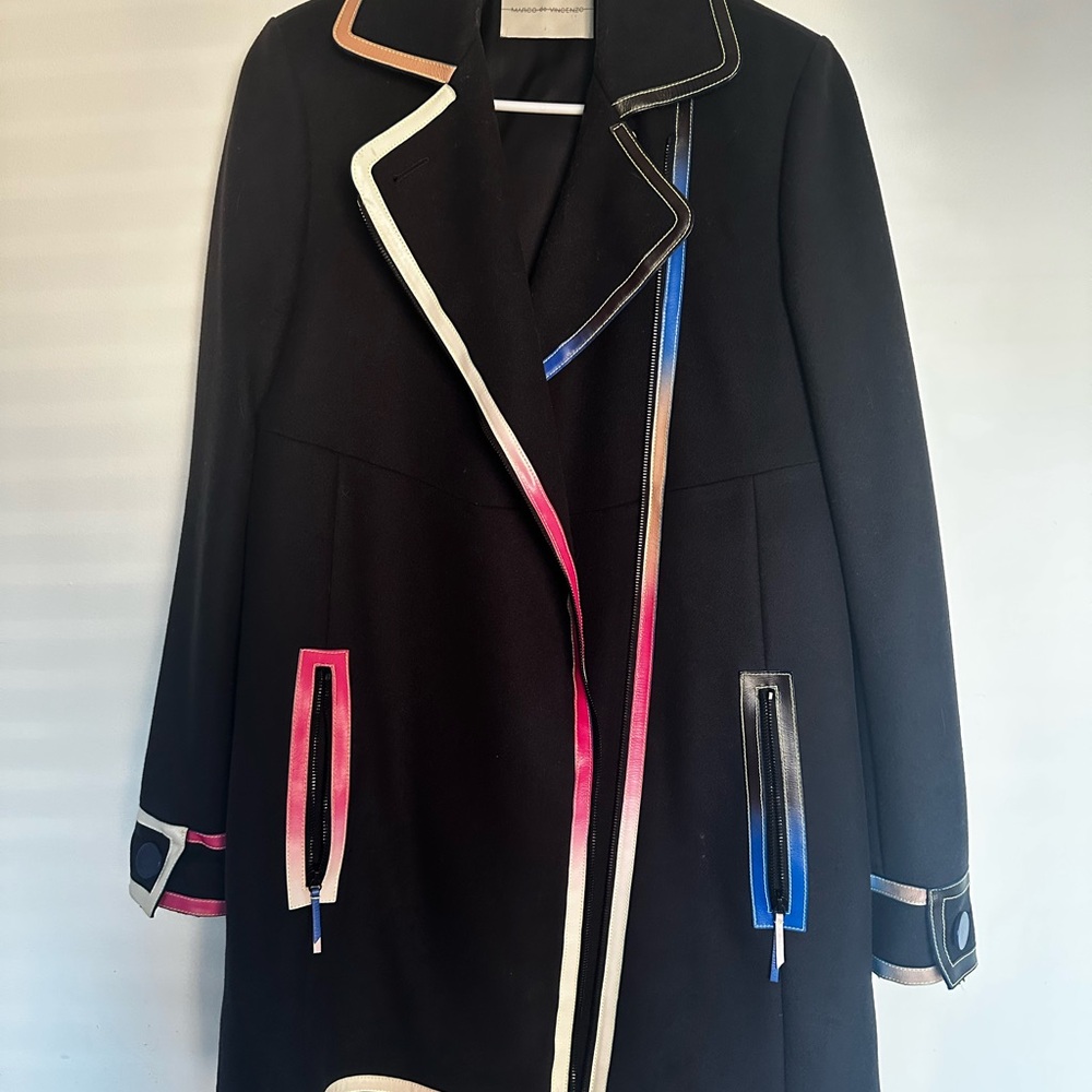 Marco De Vincenzo dark blue Multicoloured-ombré leather-seams wool coat Size 6